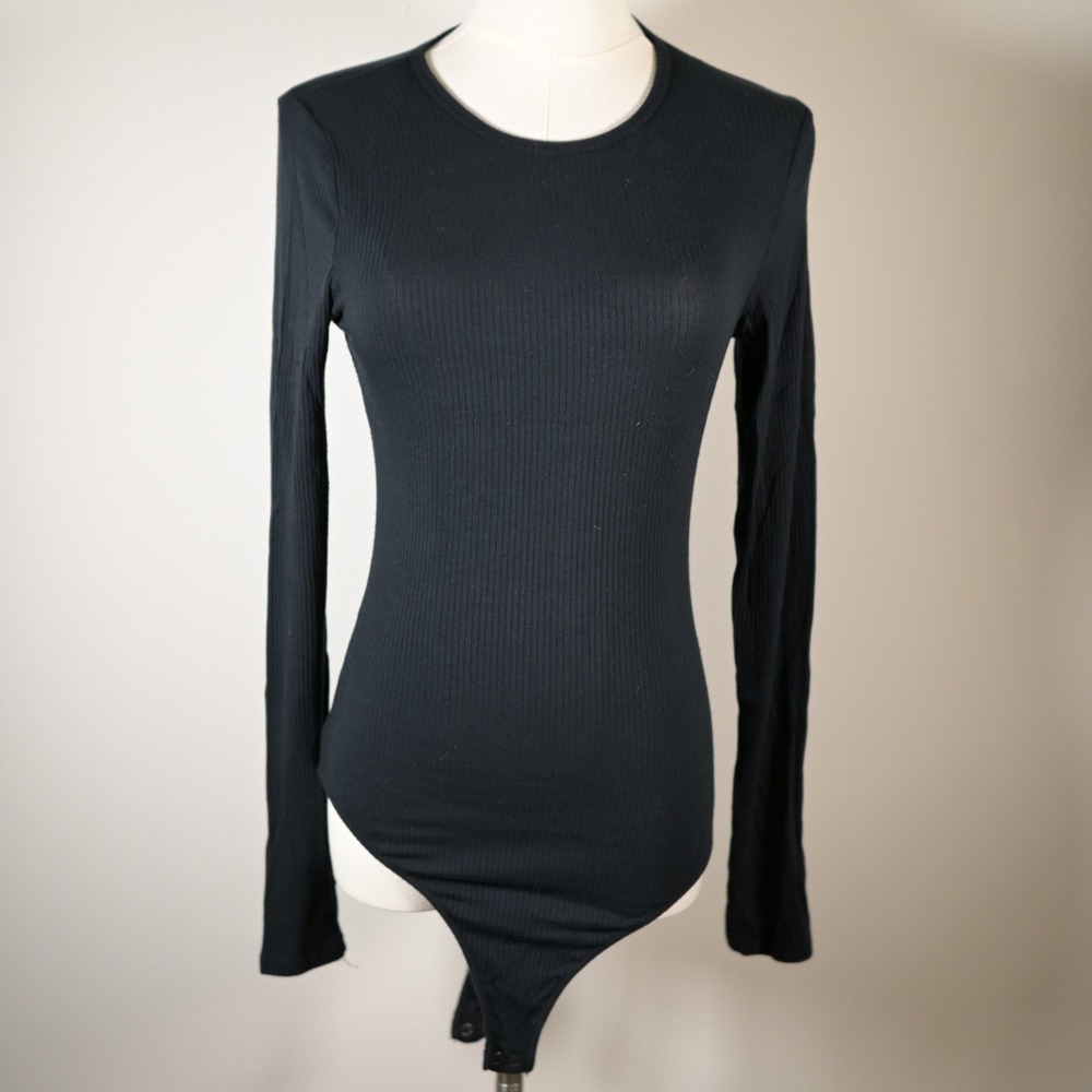 Hollister Women M Black Ribbed Long Sleeve Bodysuit‎ Crew Neck Y2K 90s